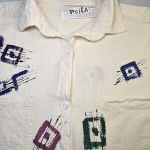 VTG PS/LA Abstract Art Button Up Shirt L Cotton Gauze Boho Artsy Coastal Grandma